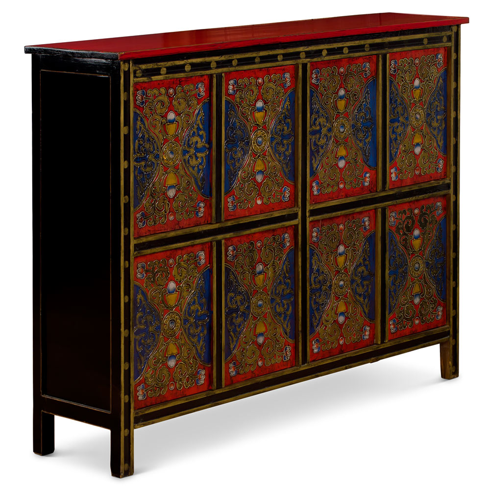 Red Yellow and Blue Hand Painted Tibetan Motif Elmwood Cabinet