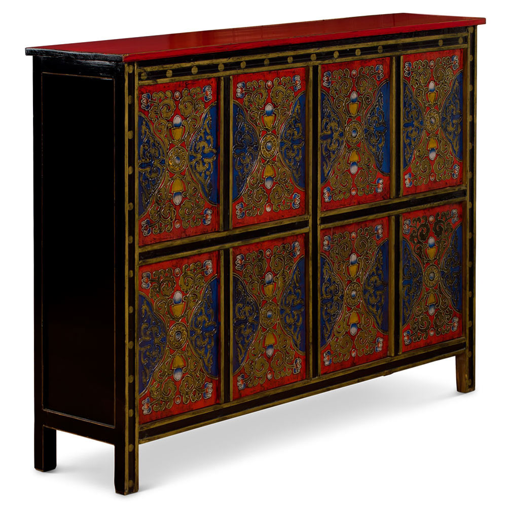 Red Yellow and Blue Hand Painted Tibetan Motif Elmwood Cabinet