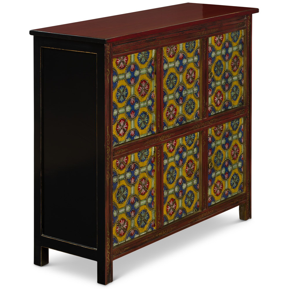 Red and Yellow Hand Painted Tibetan Motif Elmwood Cabinet