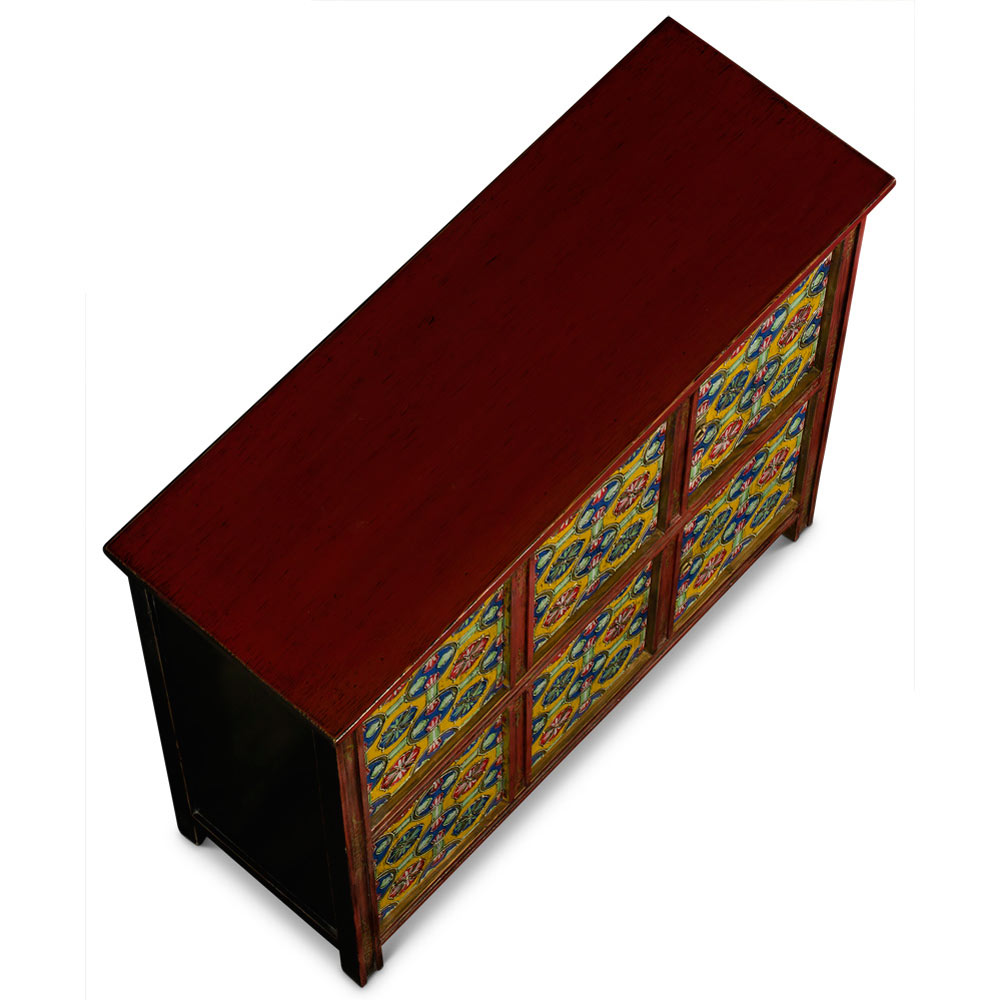 Red and Yellow Hand Painted Tibetan Motif Elmwood Cabinet