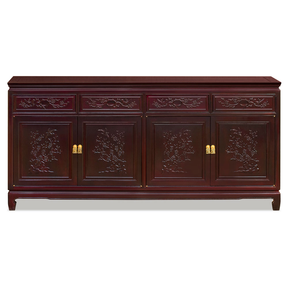 Grand Dark Cherry Rosewood Flower and Bird Oriental Sideboard