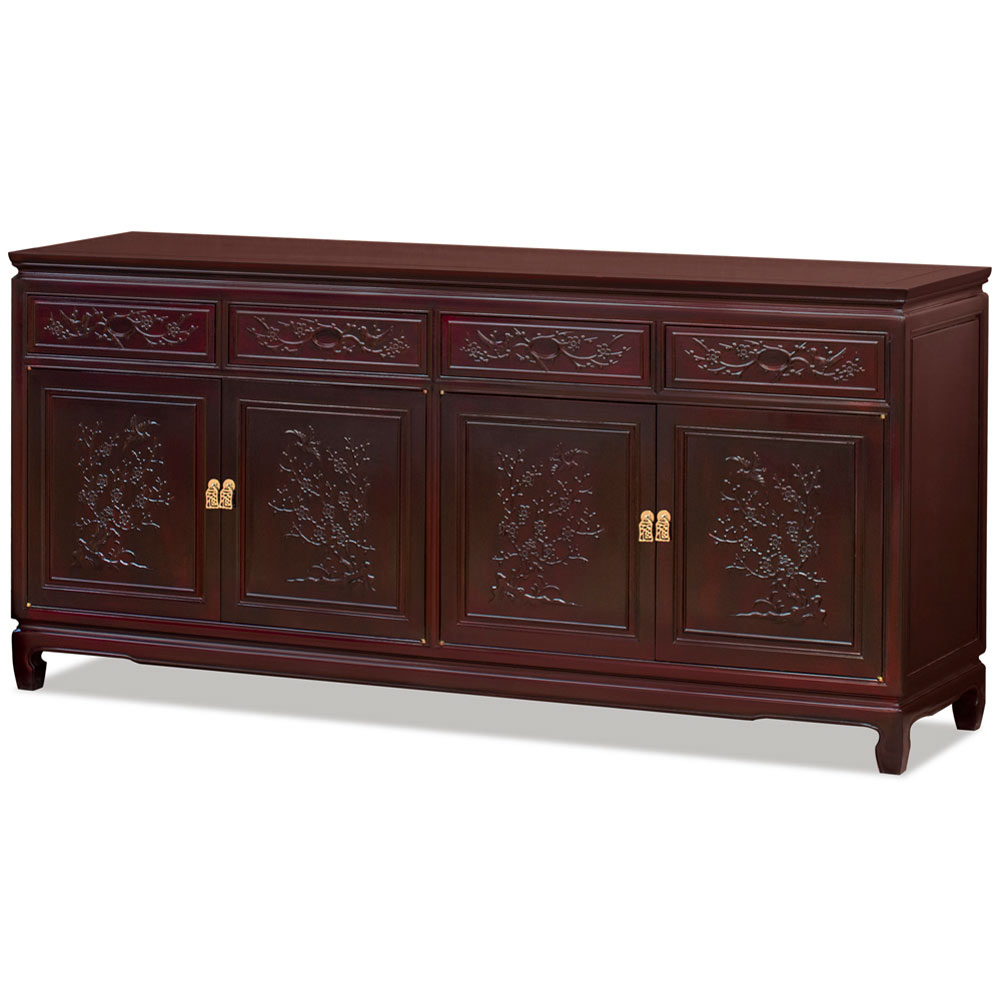 Grand Dark Cherry Rosewood Flower and Bird Oriental Sideboard