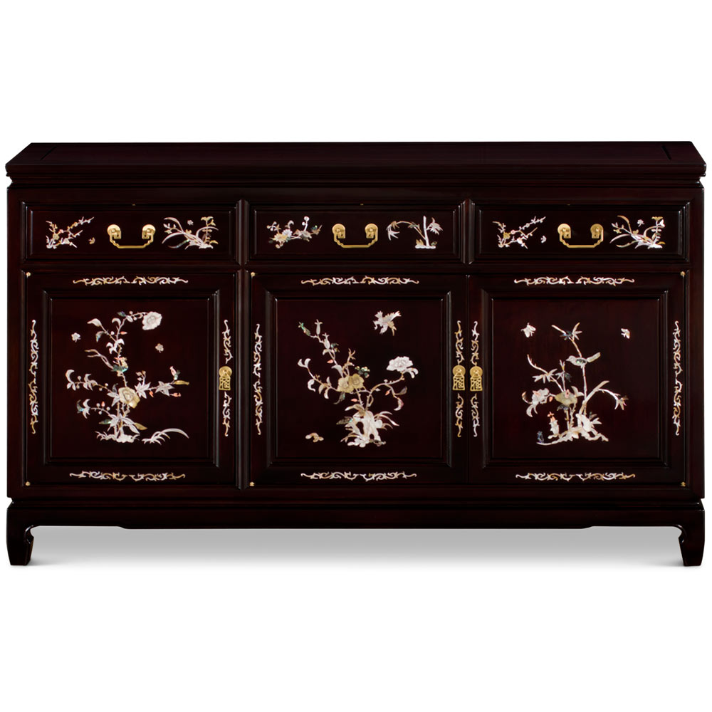 Cherry Rosewood Oriental Sideboard with Flower and Bird Mother of Pearl Inlay