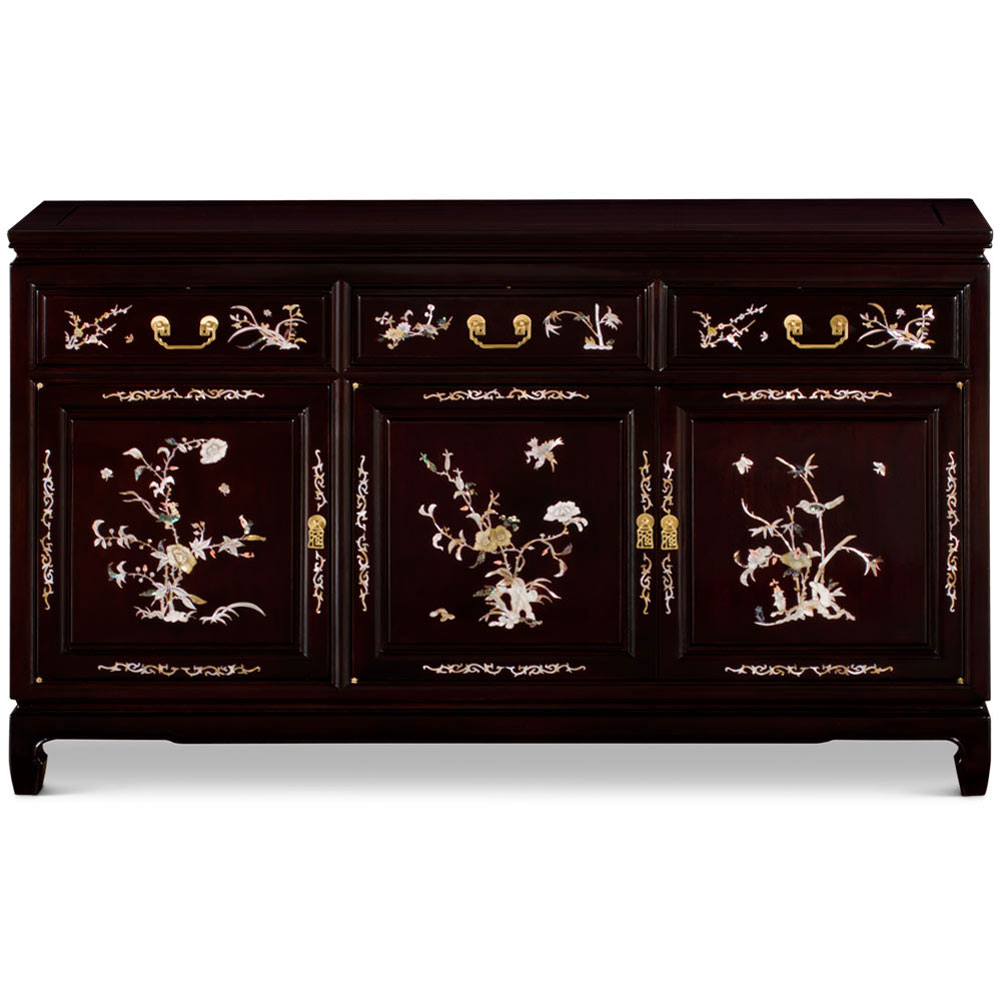 Dark Brown Rosewood Oriental Sideboard with Flower and Bird Mother of Pearl Inlay