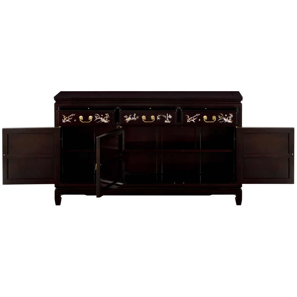 Dark Brown Rosewood Oriental Sideboard with Flower and Bird Mother of Pearl Inlay