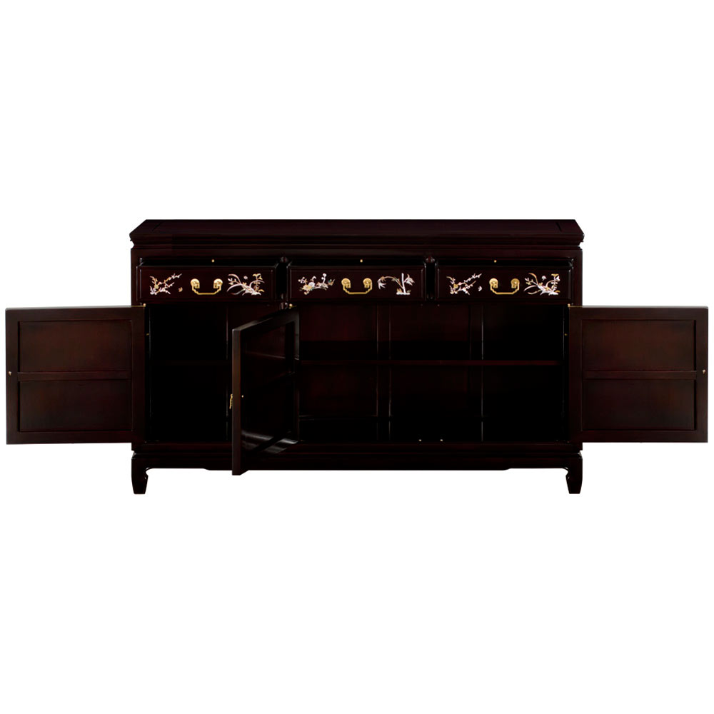 Dark Brown Rosewood Oriental Sideboard with Flower and Bird Mother of Pearl Inlay