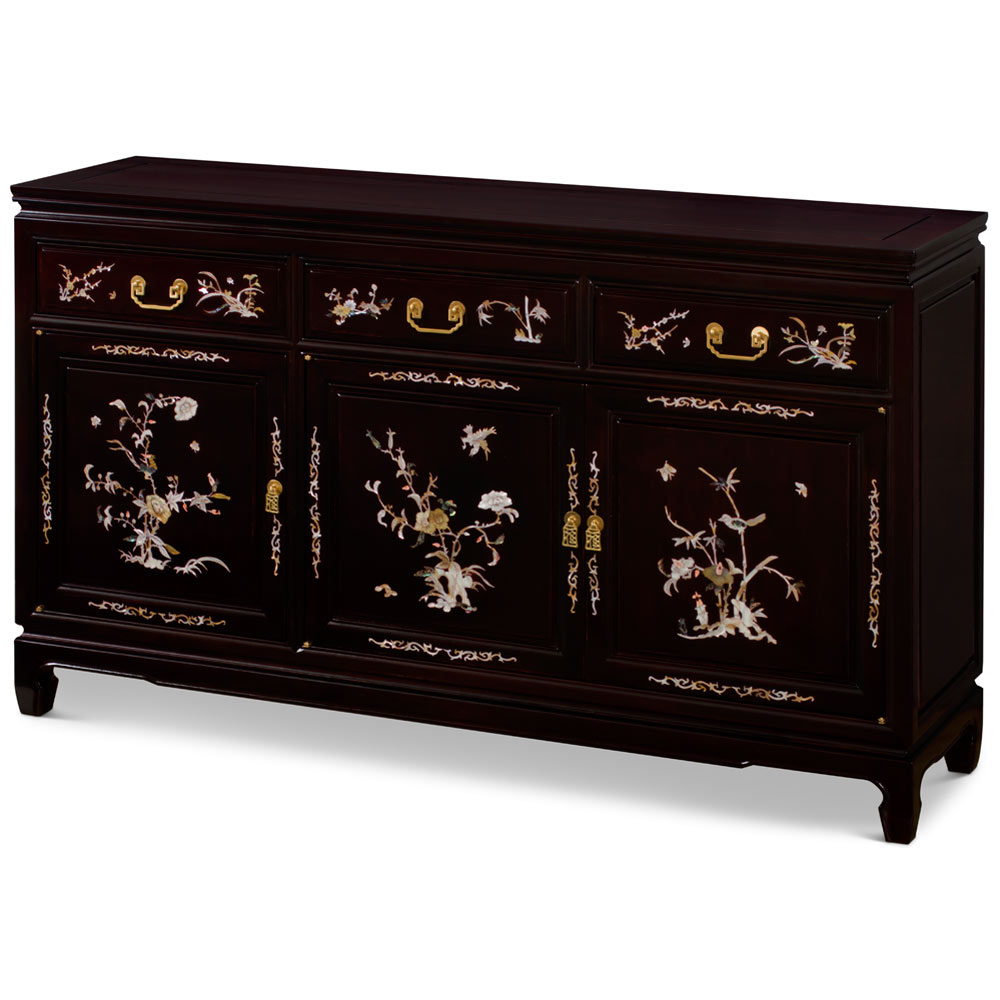 Cherry Rosewood Oriental Sideboard with Flower and Bird Mother of Pearl Inlay