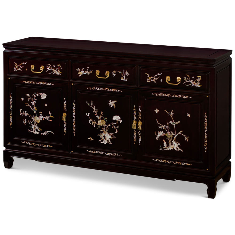 Dark Brown Rosewood Oriental Sideboard with Flower and Bird Mother of Pearl Inlay