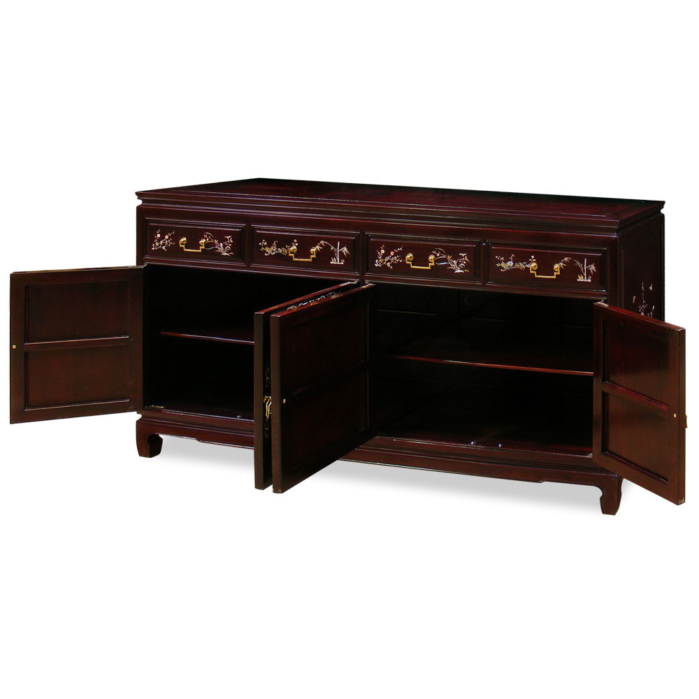 Dark Cherry Rosewood Oriental Sideboard with Flower and Bird Mother of Pearl Inlay