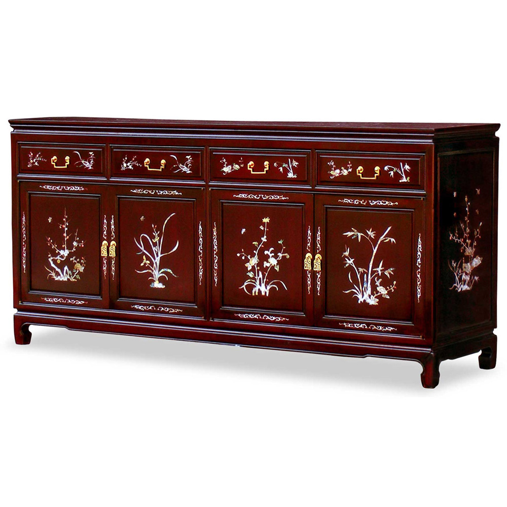 Grand Dark Cherry Rosewood Oriental Sideboard with Flower and Bird Mother of Pearl Inlay