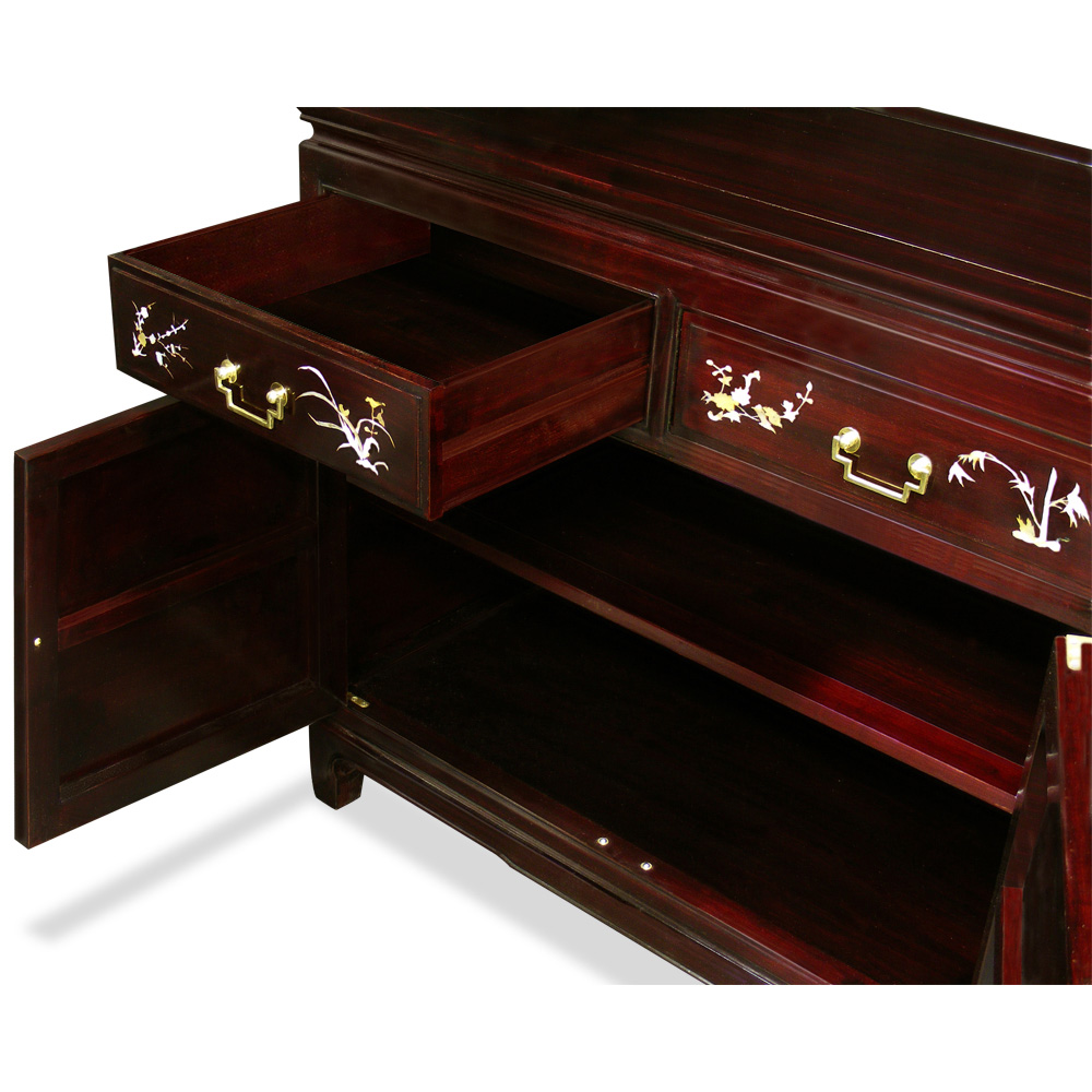 Grand Dark Cherry Rosewood Oriental Sideboard with Flower and Bird Mother of Pearl Inlay