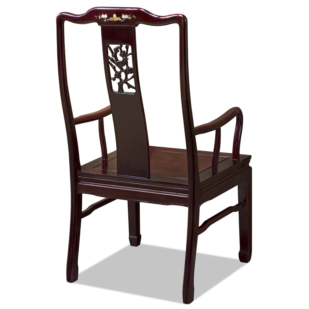 Dark Cherry Rosewood Flower and Bird Oriental Arm Chair with Flower Mother of Pearl Inlay