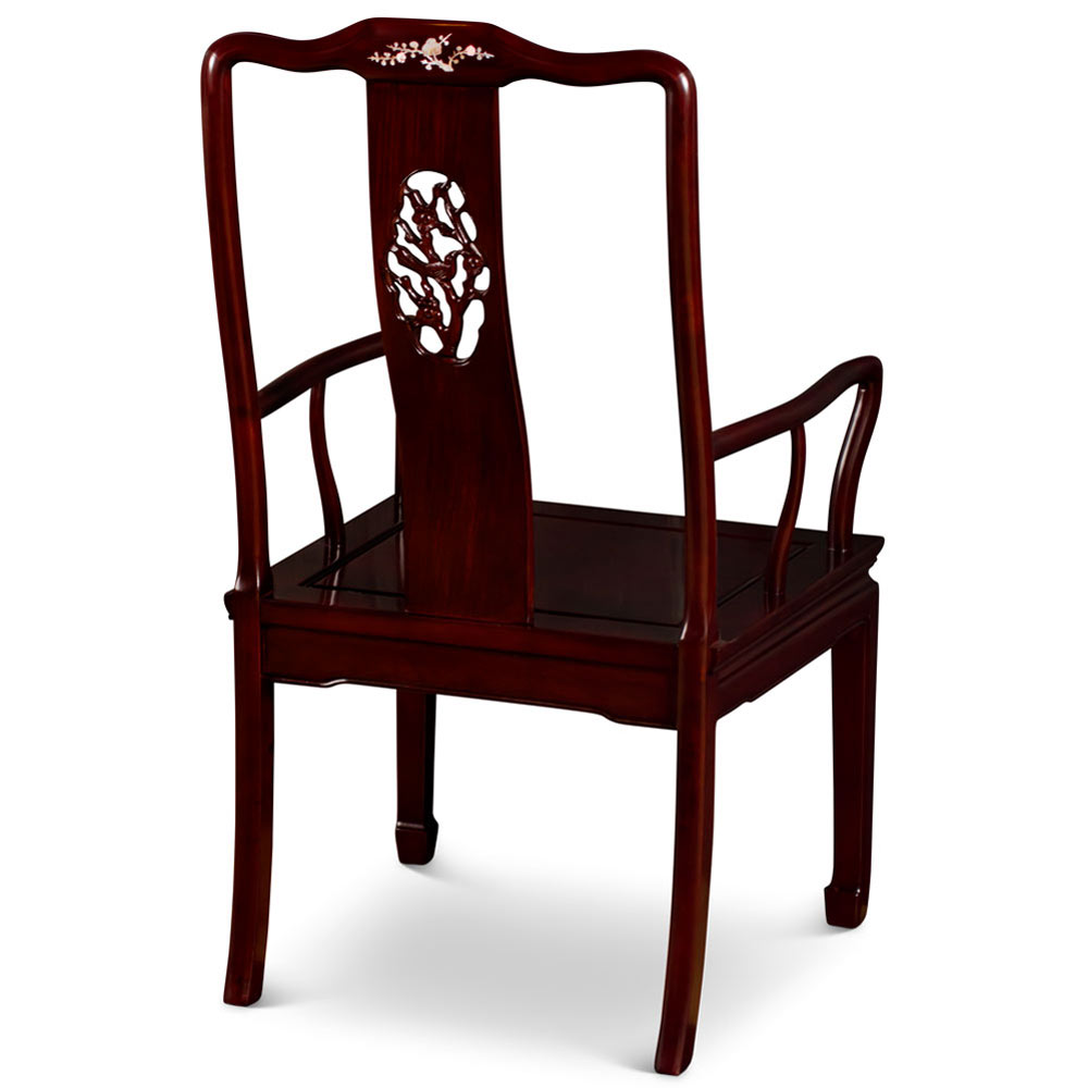 Dark Cherry Rosewood Flower and Bird Oriental Arm Chair with Flower Mother of Pearl Inlay