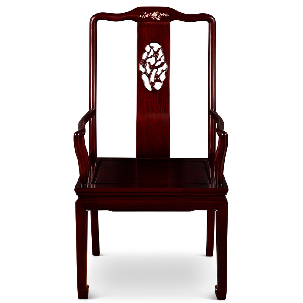 Dark Cherry Rosewood Flower and Bird Oriental Arm Chair with Flower Mother of Pearl Inlay