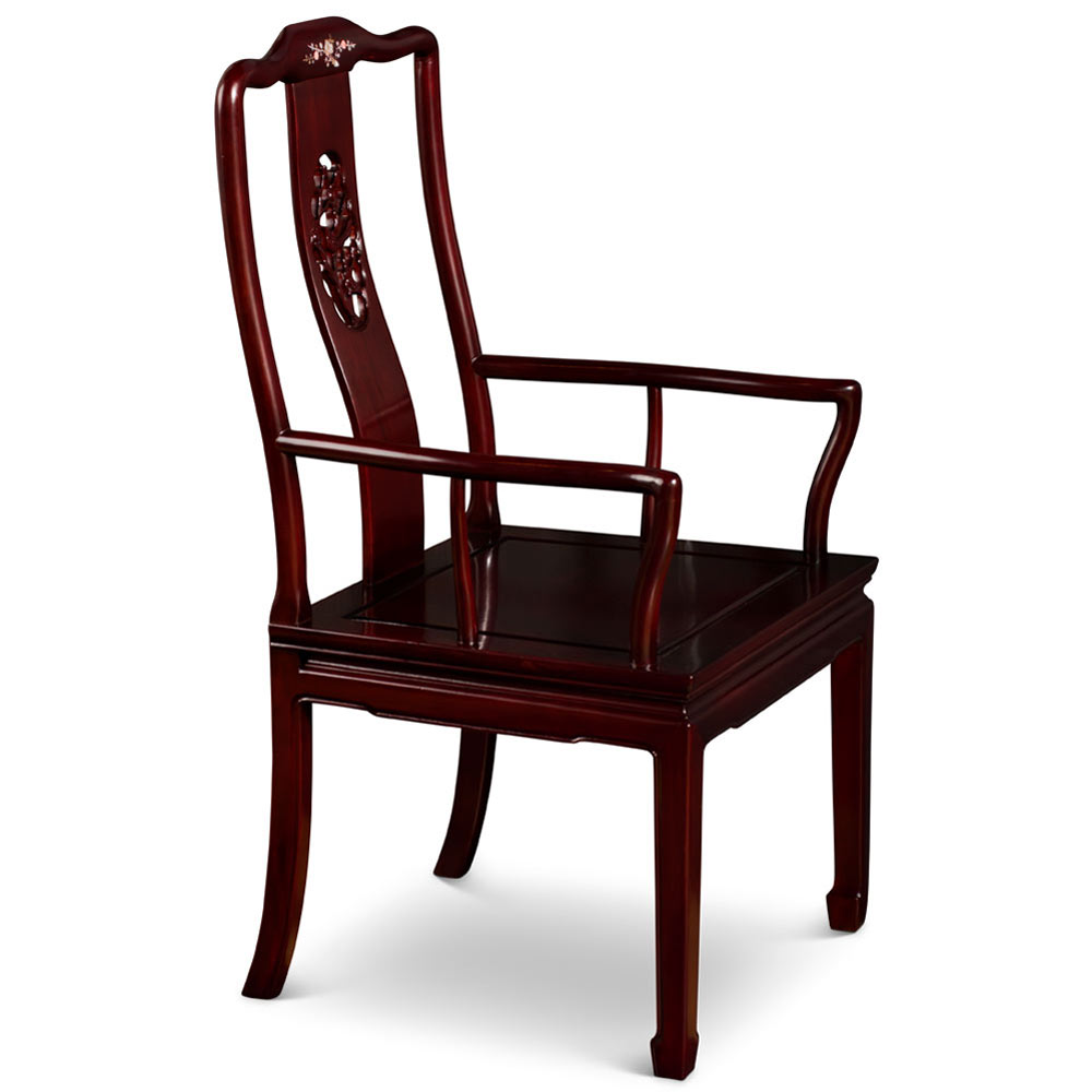 Dark Cherry Rosewood Bird and Flower Oriental Armchair