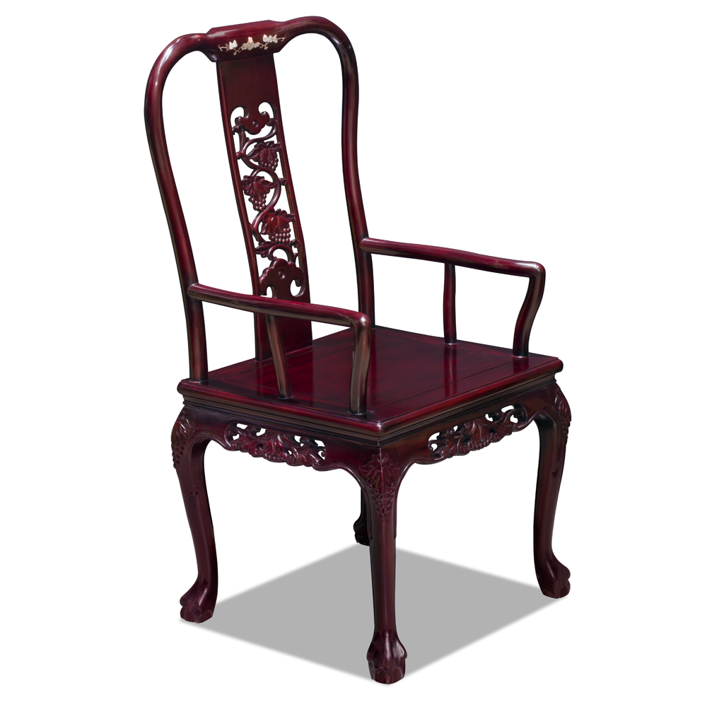 Dark Cherry Rosewood Grape Vine Oriental Arm Chair with Flower Mother of Pearl Inlay