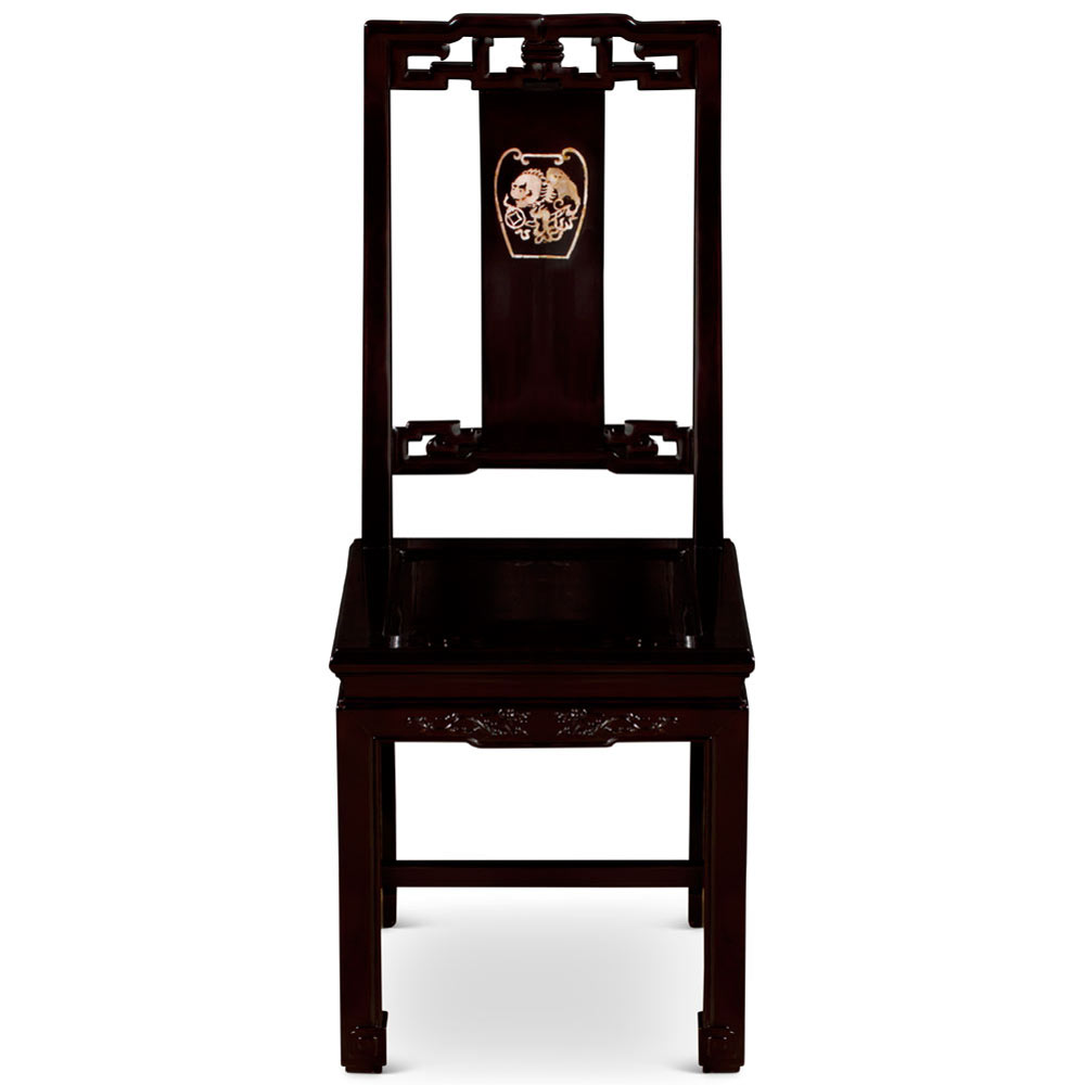 Dark Cherry Rosewood Mother of Pearl Chinese Foo Dog Motif Ning-Bo Side Chair