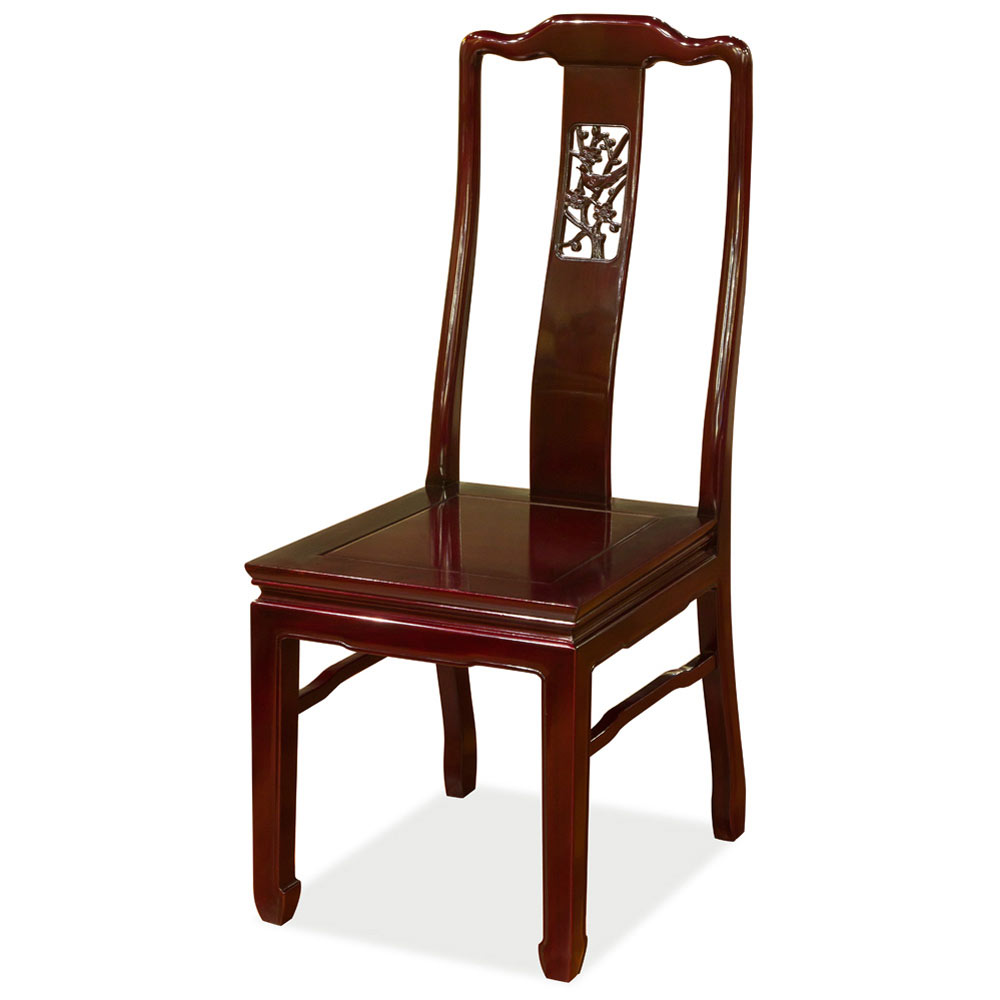 Dark Cherry Rosewood Flower and Bird Round Oriental Dining Set with 6 Chairs