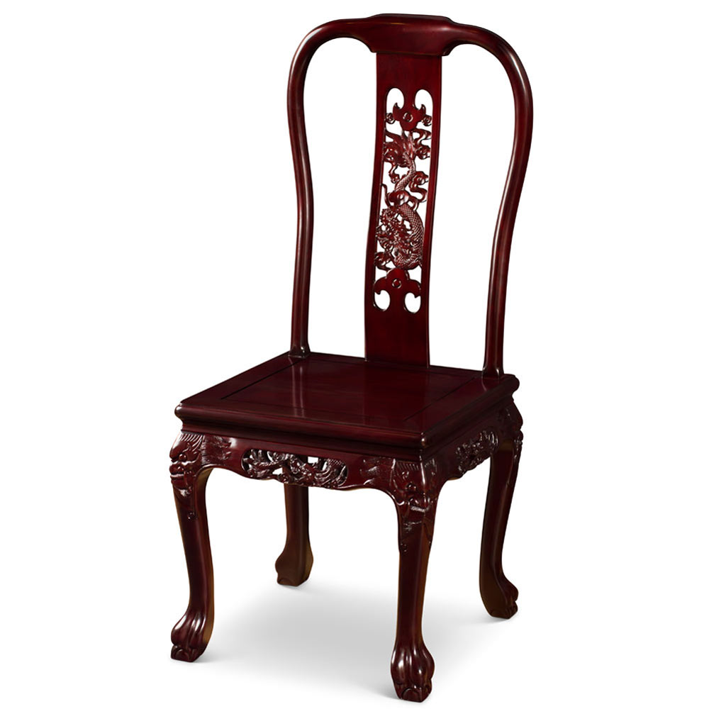 Dark Cherry Rosewood Queen Anne Imperial Dragon Round Dining Set with 8 Chairs