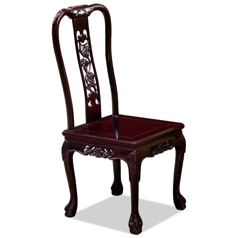 Dark Cherry Rosewood Grape Vine Side Chair with Flower Mother of Pearl Inlay