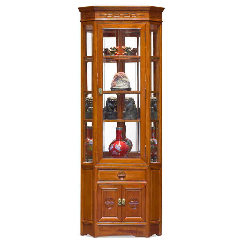 Natural Finish Rosewood Chinese Longevity Corner Display Cabinet