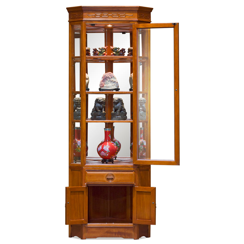 Natural Finish Rosewood Chinese Longevity Corner Display Cabinet