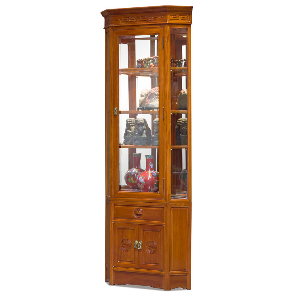 Natural Finish Rosewood Chinese Longevity Corner Display Cabinet