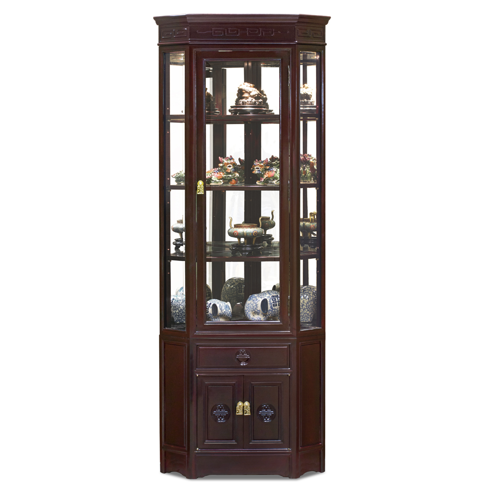 Dark Cherry Rosewood Chinese Longevity Corner Display Cabinet