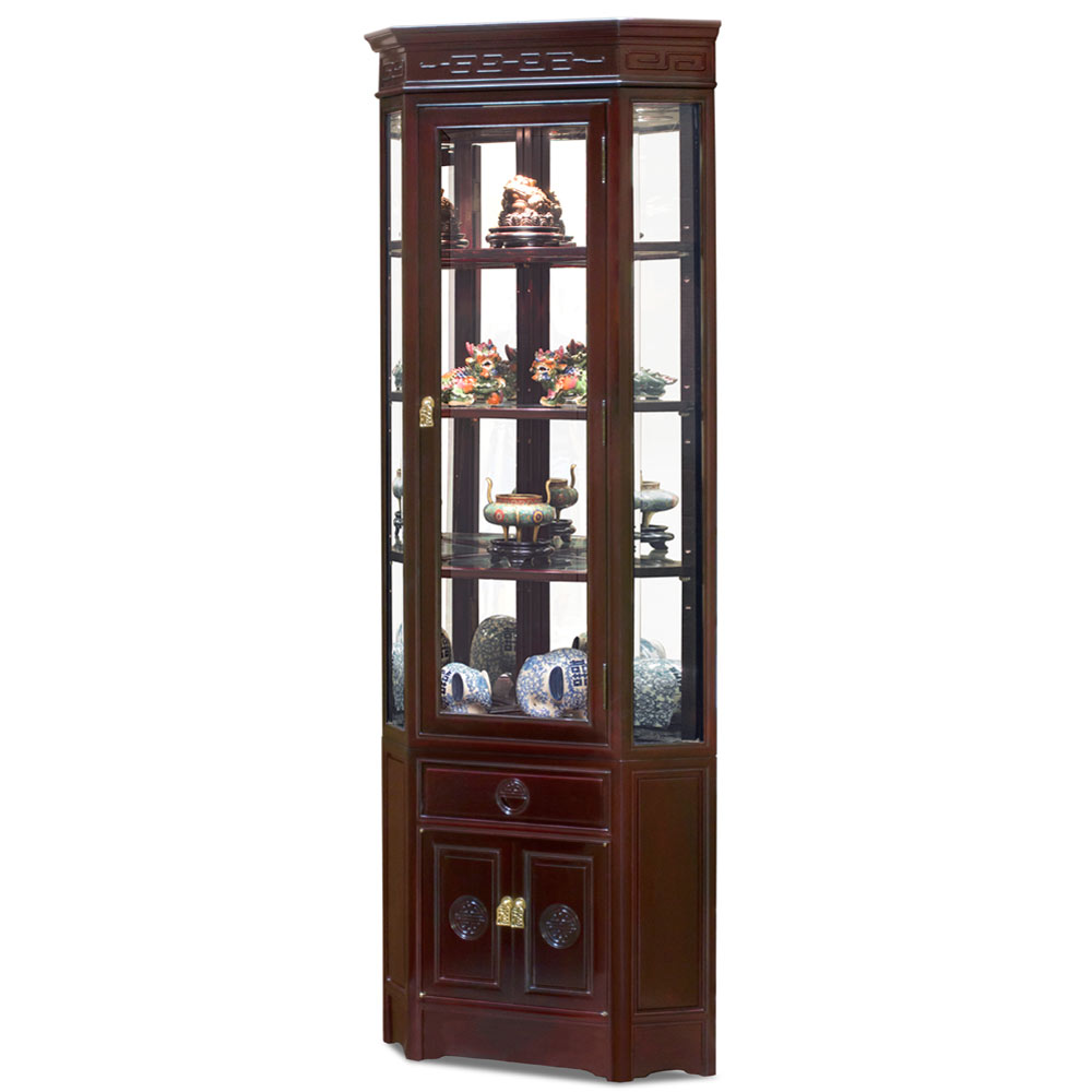 Dark Cherry Rosewood Chinese Longevity Corner Display Cabinet