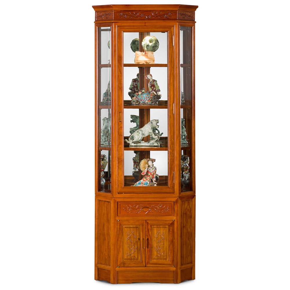 Natural Finish Rosewood Chinese Bird and Flower Corner Display Cabinet