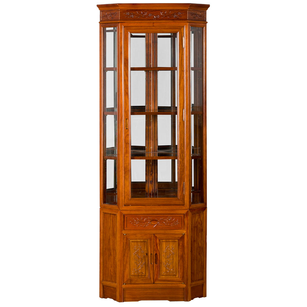 Natural Finish Rosewood Chinese Bird and Flower Corner Display Cabinet