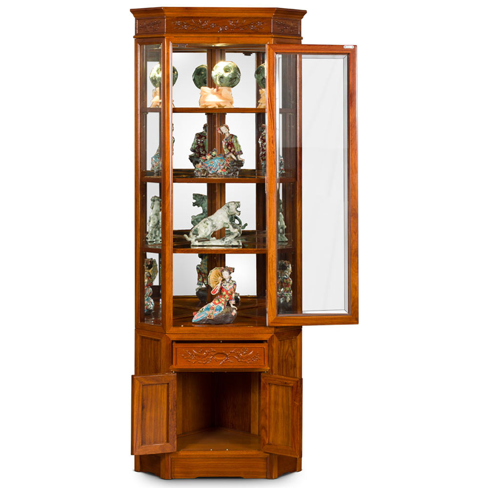 Natural Finish Rosewood Chinese Bird and Flower Corner Display Cabinet