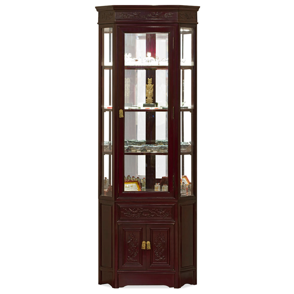 Dark Cherry Rosewood Flower and Bird Oriental Corner Display Cabinet