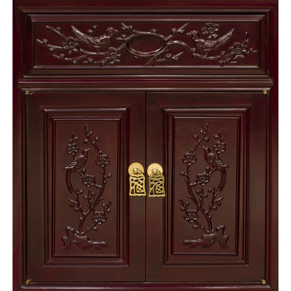 Dark Cherry Rosewood Flower and Bird Oriental Corner Display Cabinet