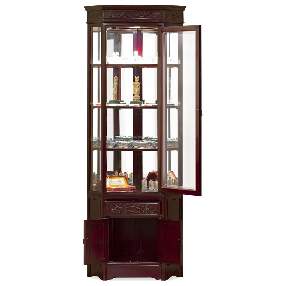 Dark Cherry Rosewood Flower and Bird Oriental Corner Display Cabinet