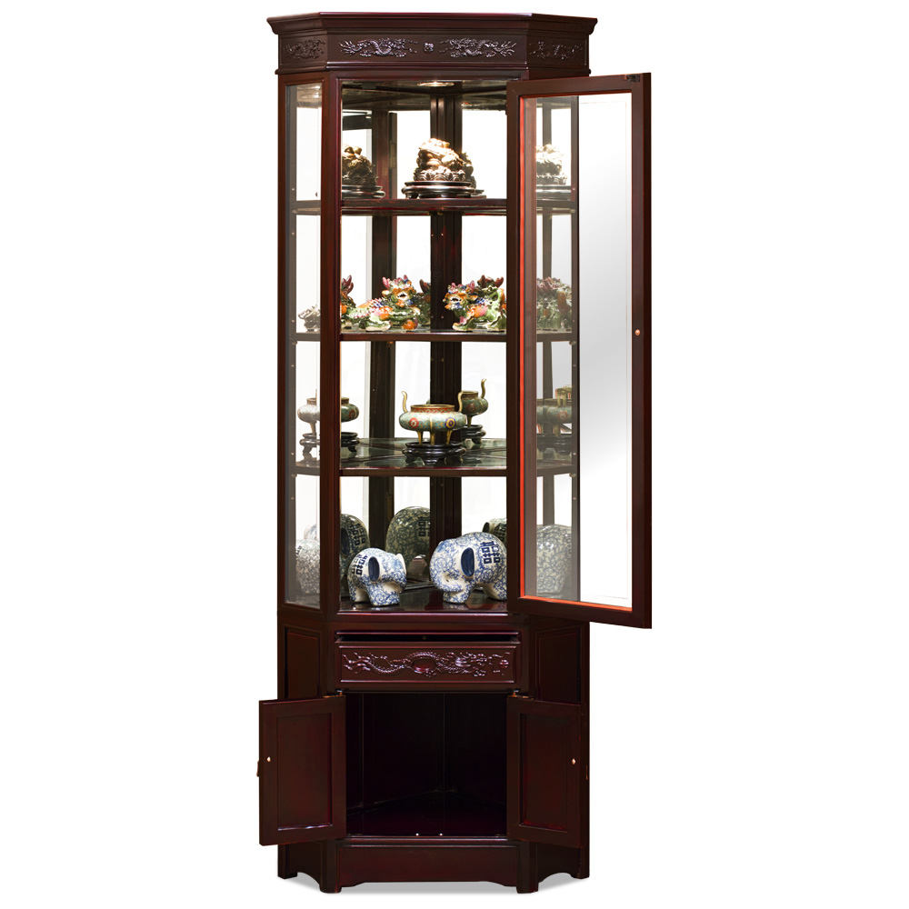 Dark Cherry Rosewood Dragon Oriental Corner Display Cabinet