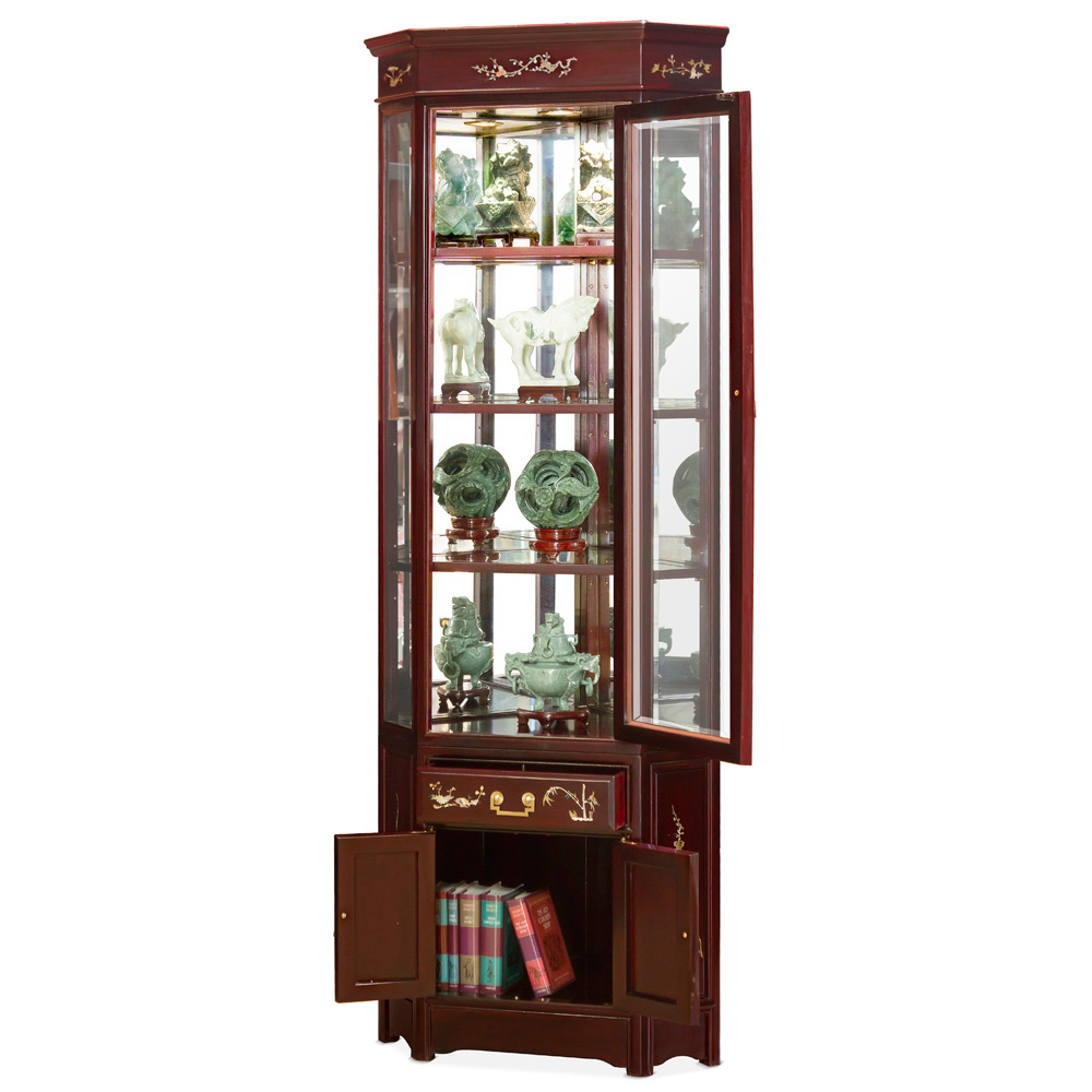 Dark Cherry Rosewood Oriental Corner Display Cabinet with Flower Mother of Pearl Inlay