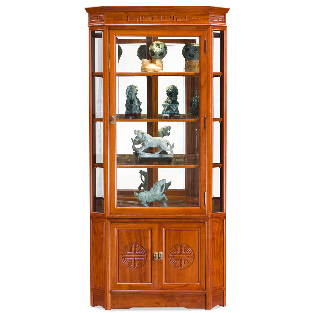 Natural Finish Rosewood Chinese Longevity Corner Display Cabinet