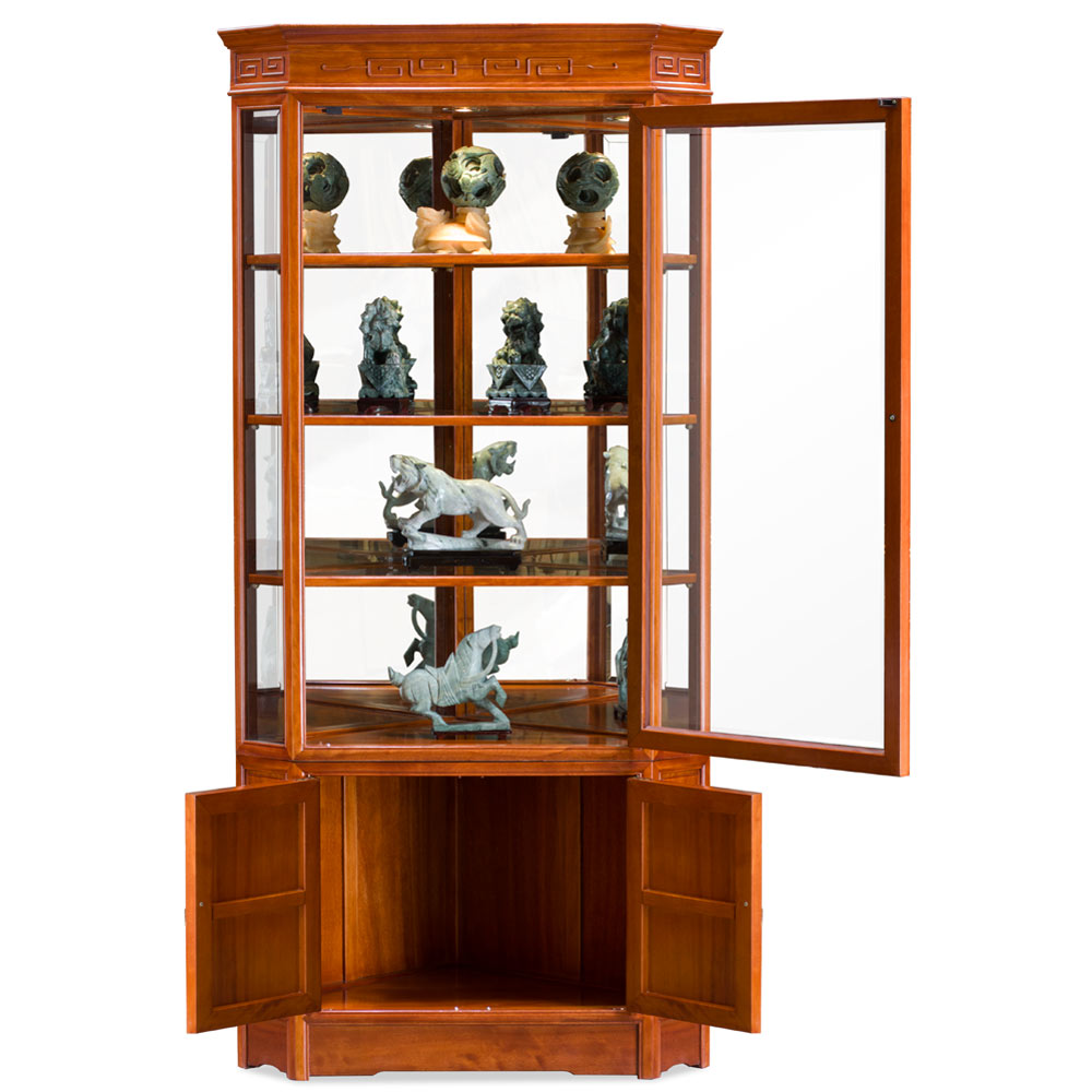 Natural Finish Rosewood Chinese Longevity Corner Display Cabinet