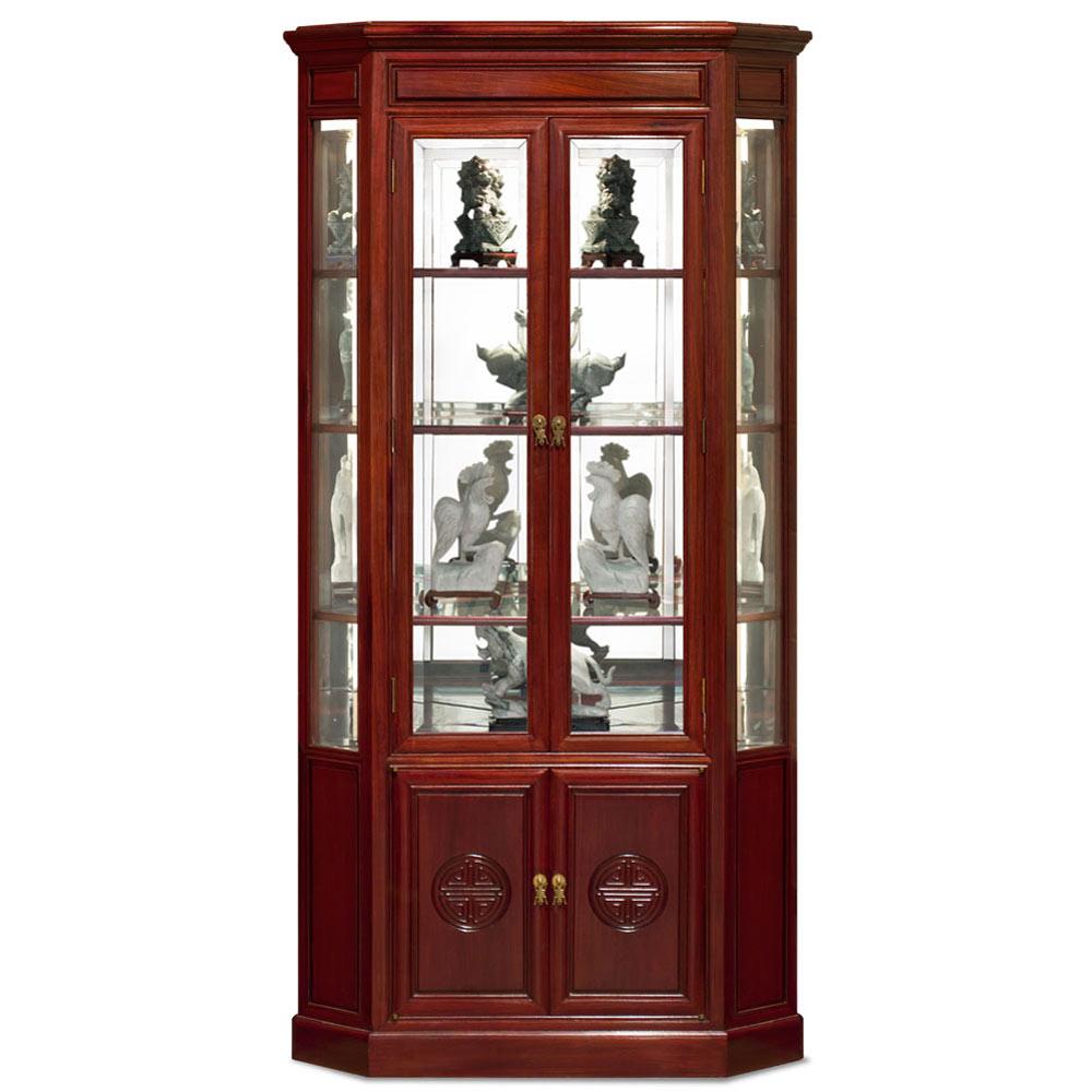 Red Cherry Rosewood Chinese Longevity Design Corner Cabinet