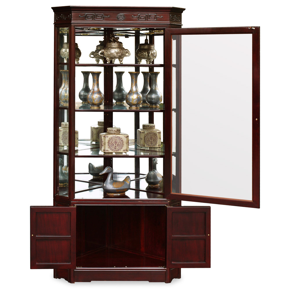 Dark Cherry Rosewood Chinese Longevity Corner Display Cabinet