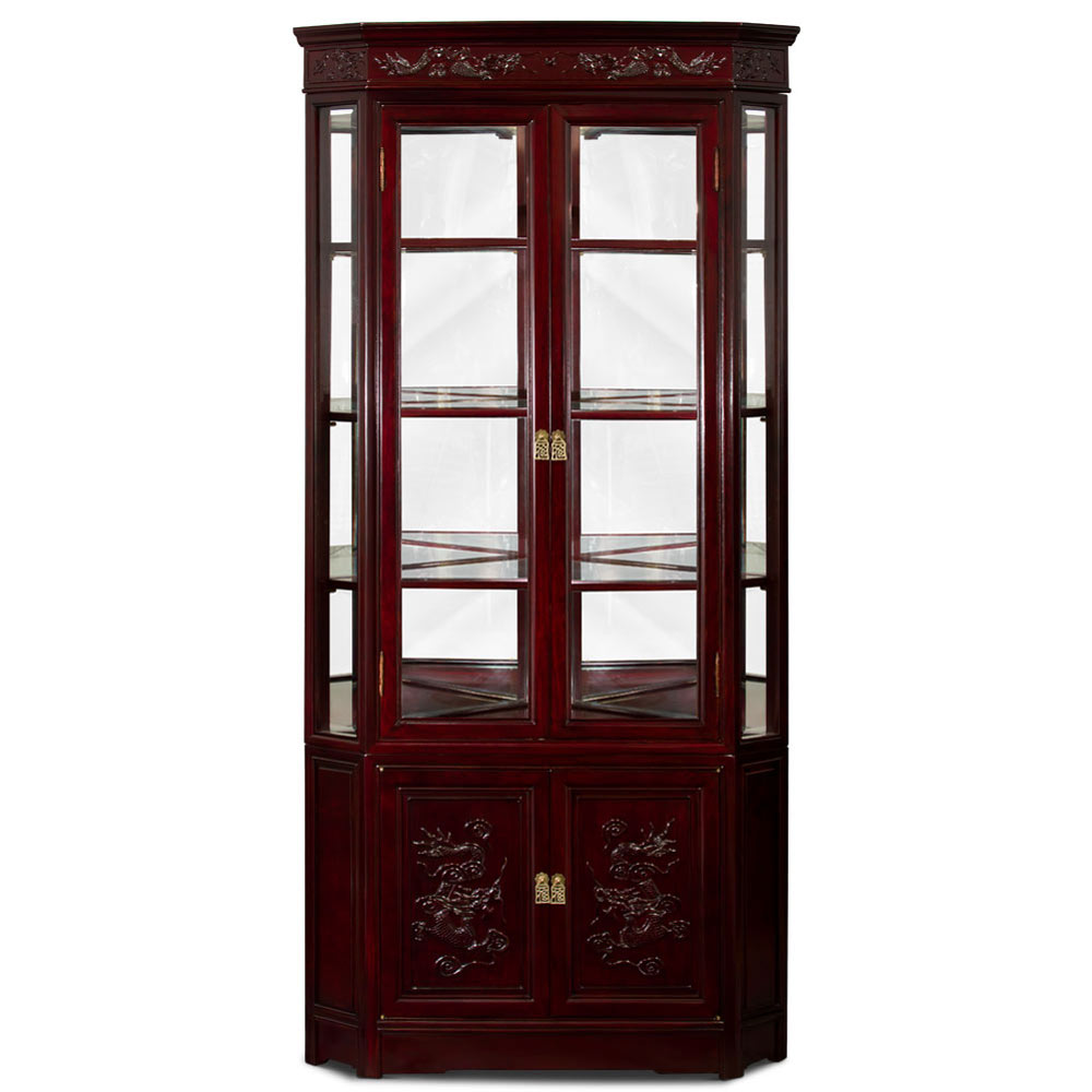 Dark Cherry Rosewood Dragon Motif Oriental Corner Curio Cabinet