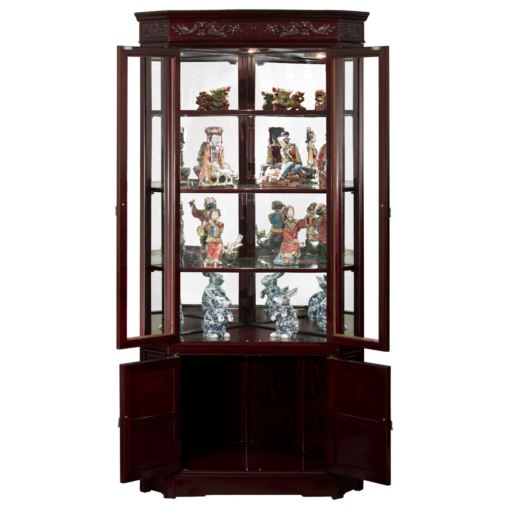 Dark Cherry Rosewood Dragon Motif Oriental Corner Curio Cabinet