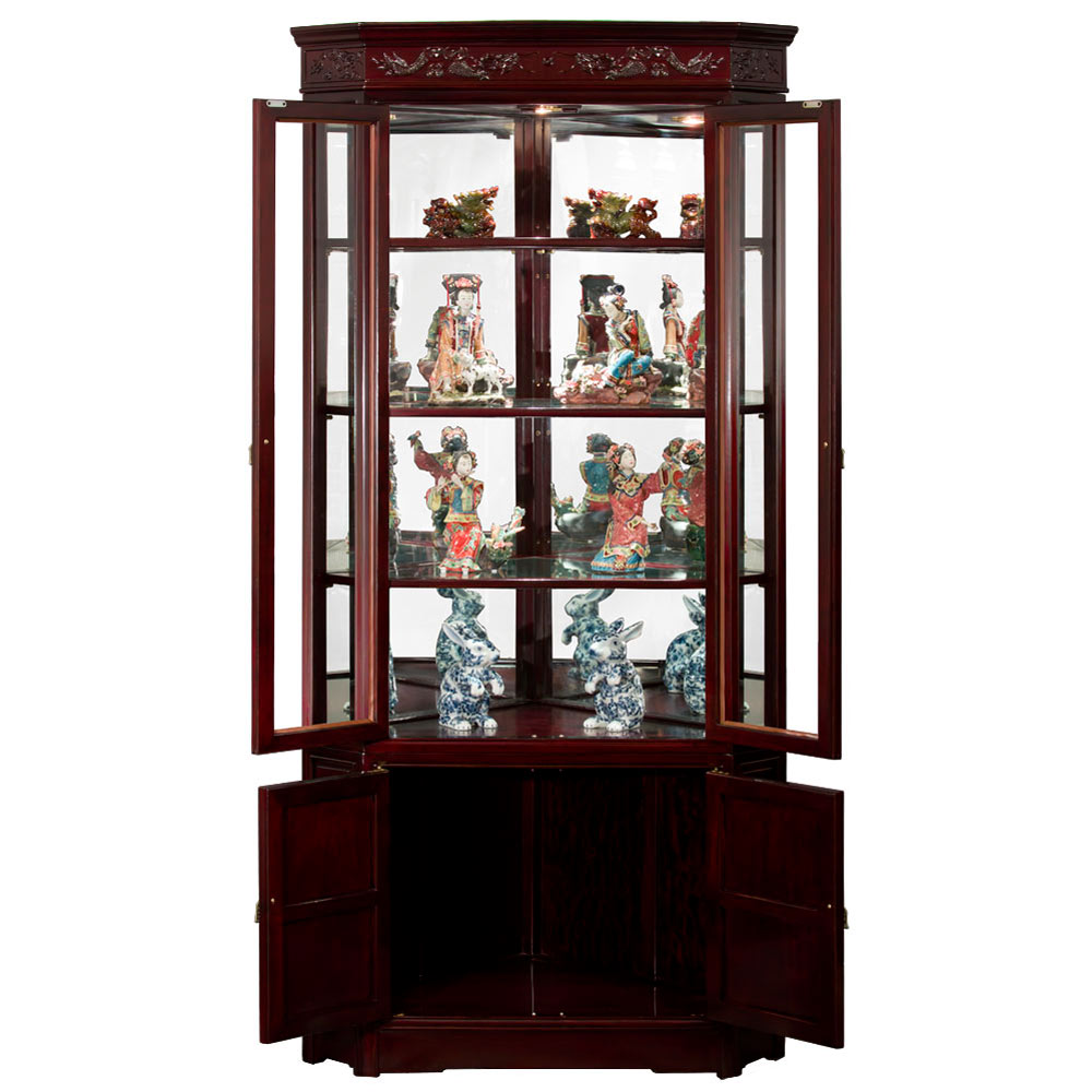 Dark Cherry Rosewood Dragon Motif Oriental Corner Curio Cabinet