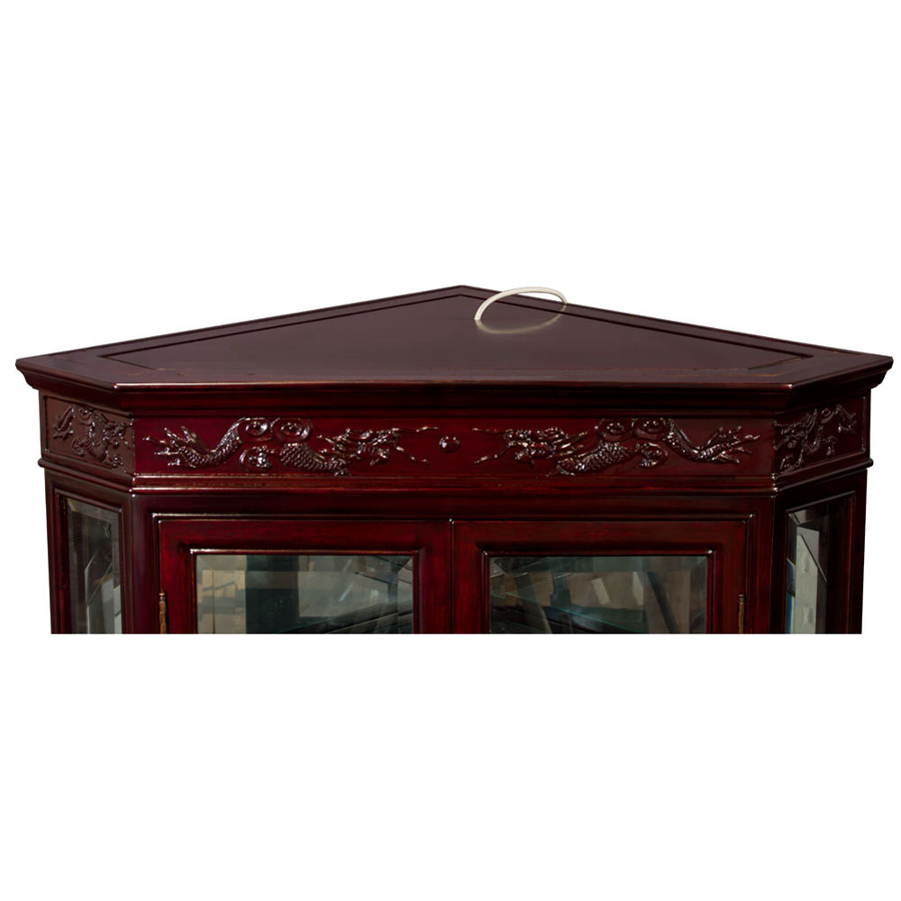 Dark Cherry Rosewood Dragon Motif Oriental Corner Curio Cabinet