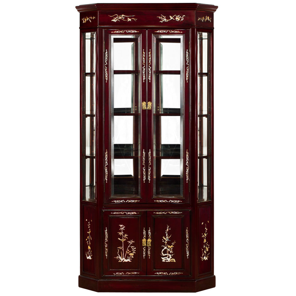 Dark Cherry Rosewood Oriental Corner Curio Cabinet with Mother of Pearl Inlay