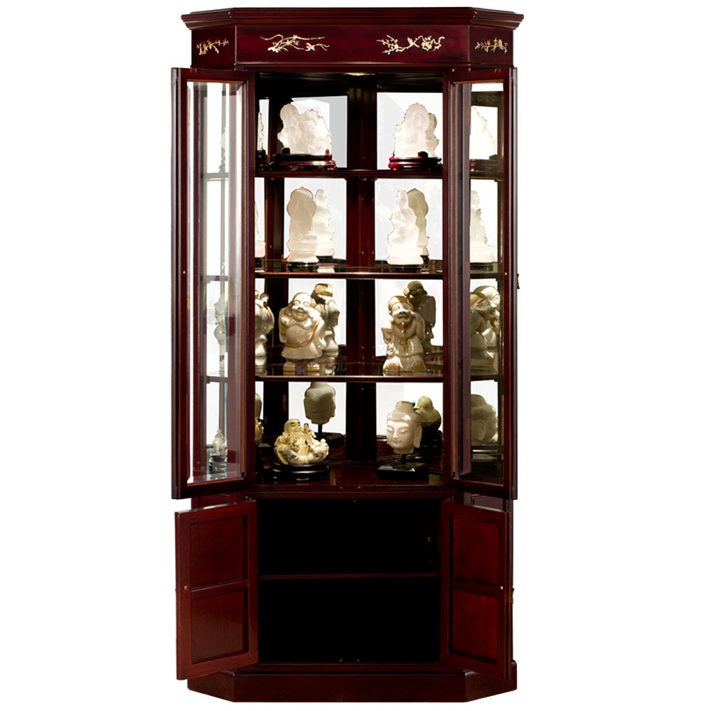 Dark Cherry Rosewood Oriental Corner Curio Cabinet with Mother of Pearl Inlay