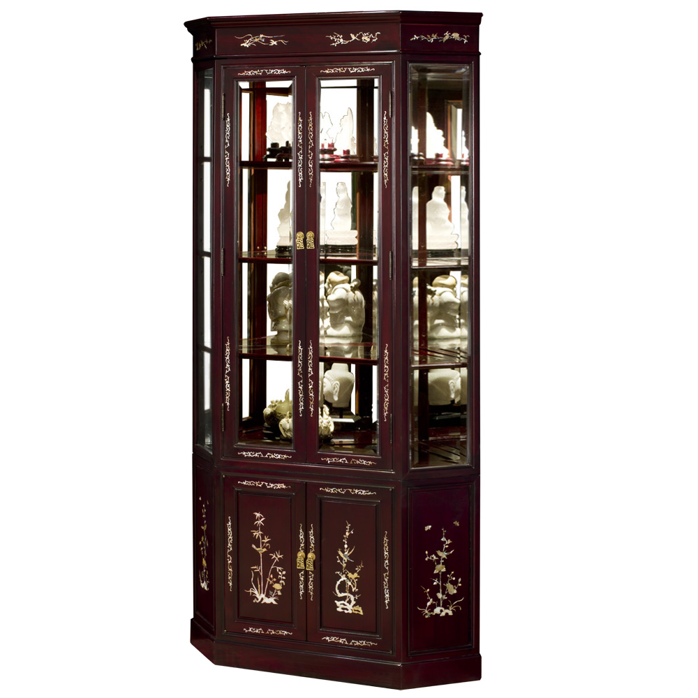 Dark Cherry Rosewood Oriental Corner Curio Cabinet with Mother of Pearl Inlay