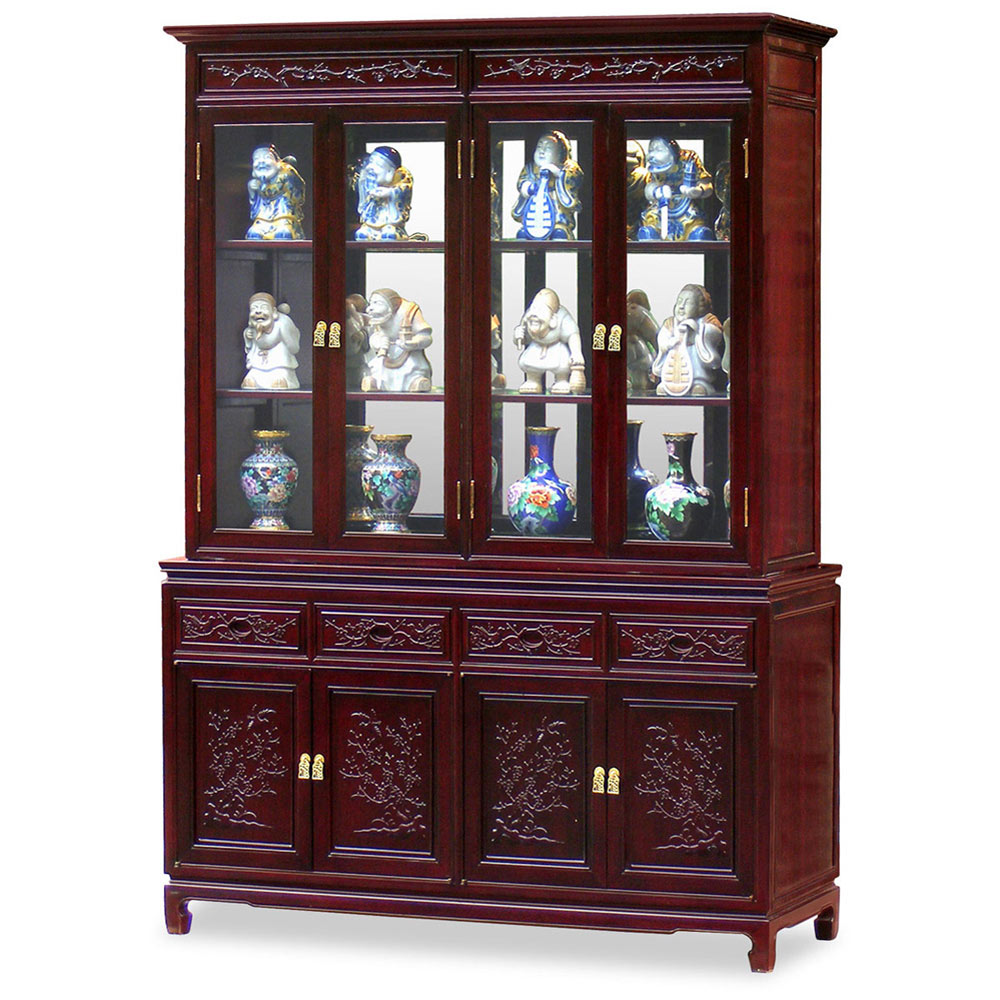 Dark Cherry Finish Rosewood Flower and Bird Motif Oriental China Cabinet