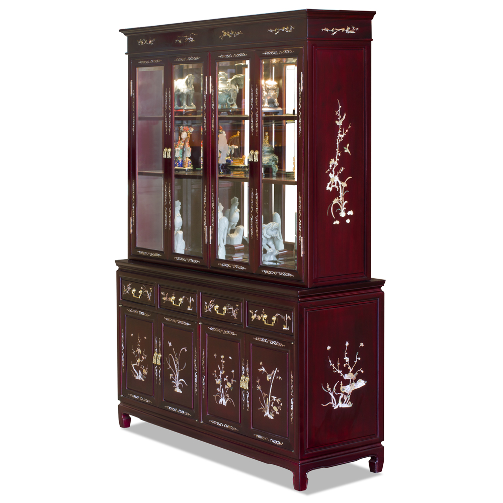 Dark Cherry Rosewood Oriental China Cabinet with Flower and Bird Mother of Pearl Inlay